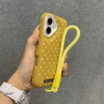 Polka Dot Yellow Lychee Grain Leather iPhone Case with Wrist Strap