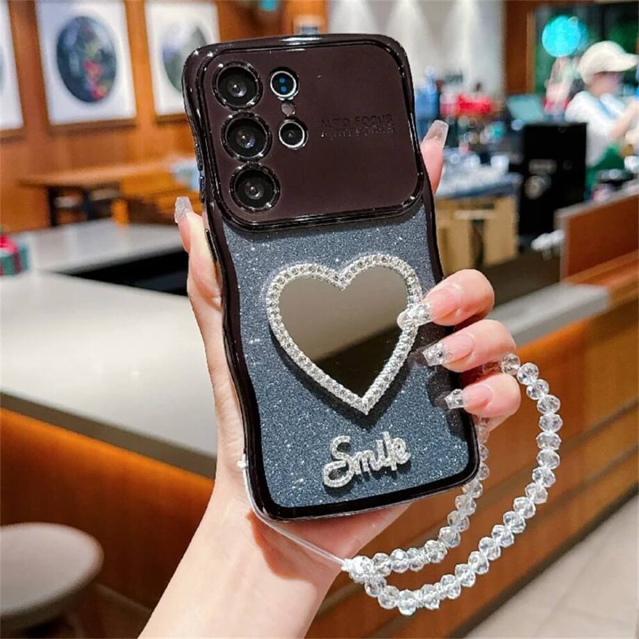 Black Curly Heart Mirror Glitter Phone Case with Rhinestone Strap