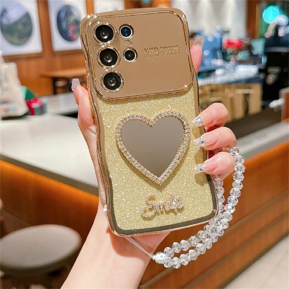 Curly Gold Heart Mirror Glitter Case with Rhinestone Beaded Strap