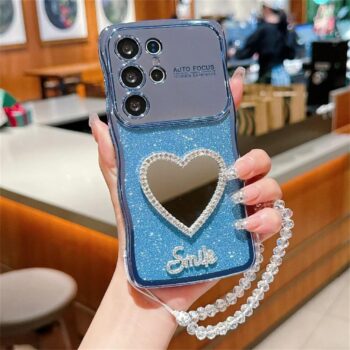Curly Heart Mirror Glitter Case with Rhinestone Beaded Strap