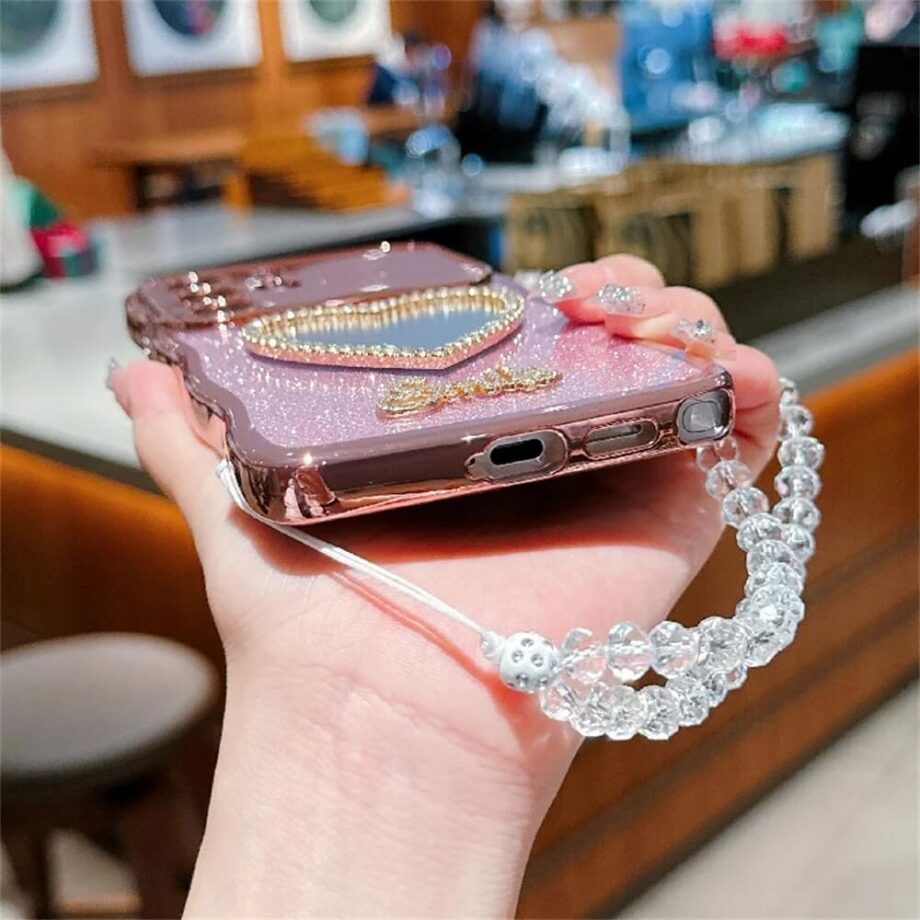 Curly Heart Mirror Glitter Phone Case with Rhinestone Beaded Strap