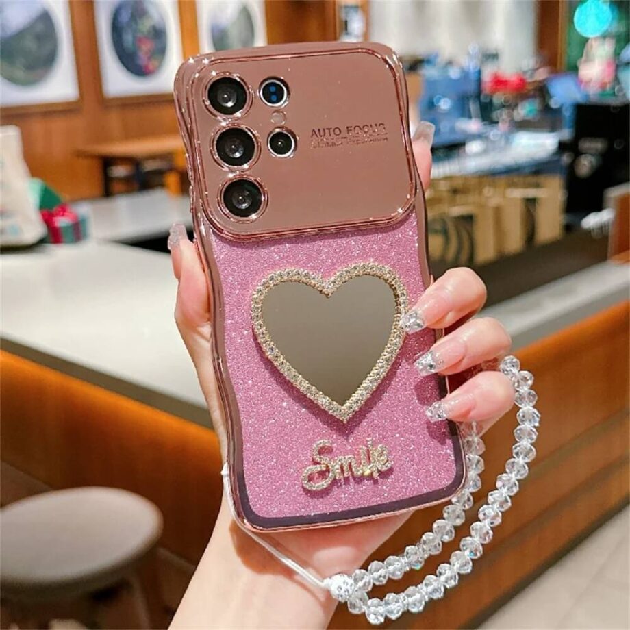 Pink Curly Heart Mirror Glitter Samsung Case with Beaded Strap