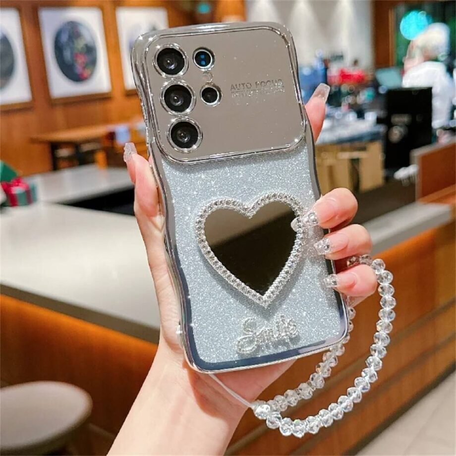 Silver Curly Heart Mirror Glitter Case with Rhinestone Beaded Strap