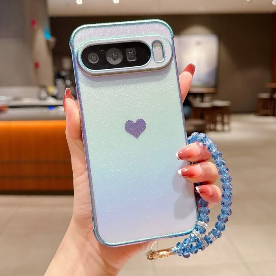 Blue Glitter Gradient Heart Case with Beaded Strap