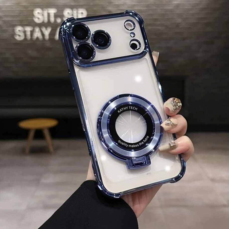 Blue Magnetic Kickstand Case with Ring Grip and Glossy Camera Guard