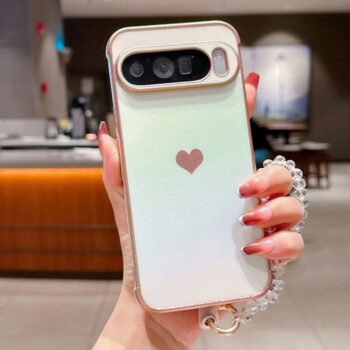 Glitter Gradient Heart Phone Case with Beaded Wrist Strap