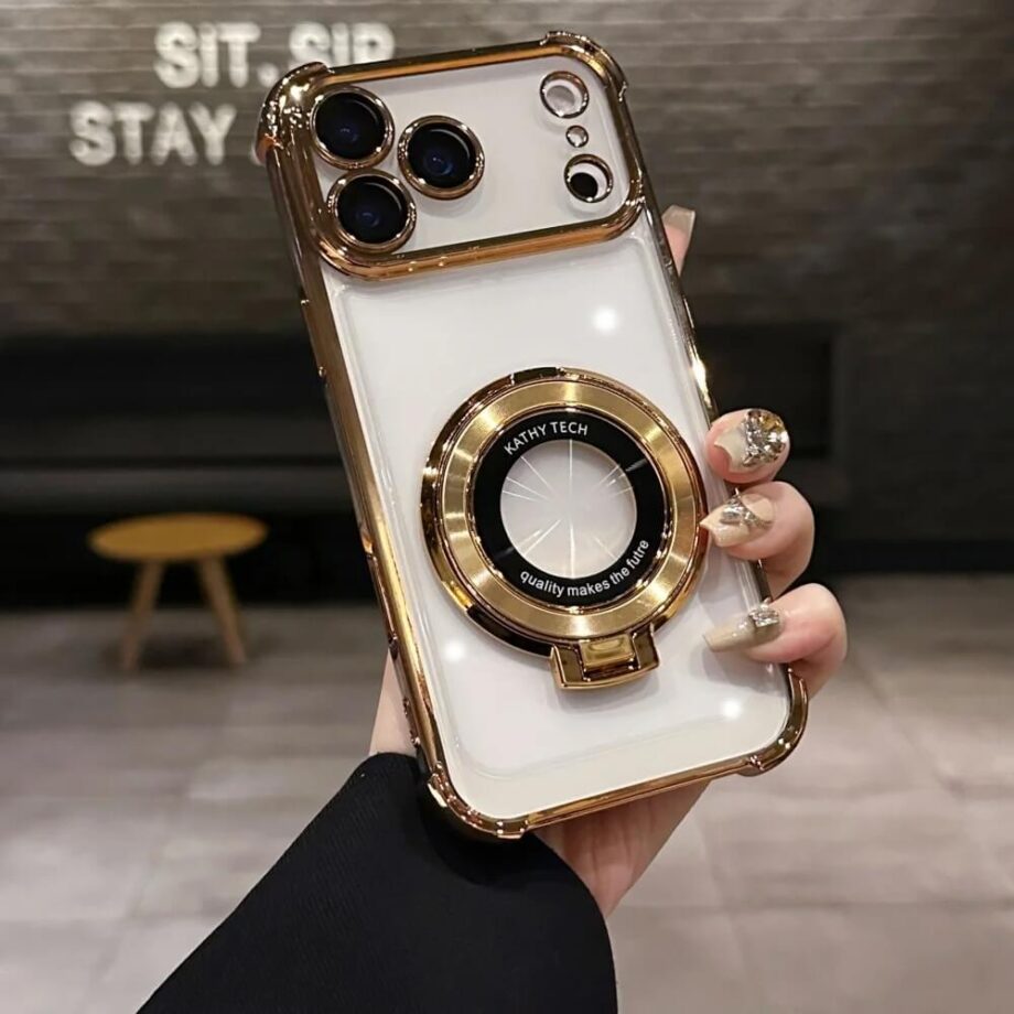 Magnetic Kickstand iPhone Case with Ring Grip and Glossy Camera Guard