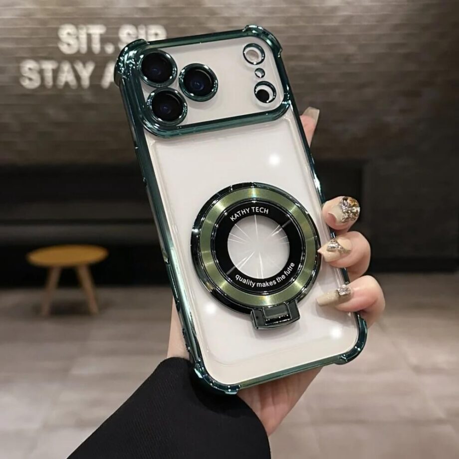 Green Magnetic Kickstand Case with Ring Grip and Glossy Camera Guard