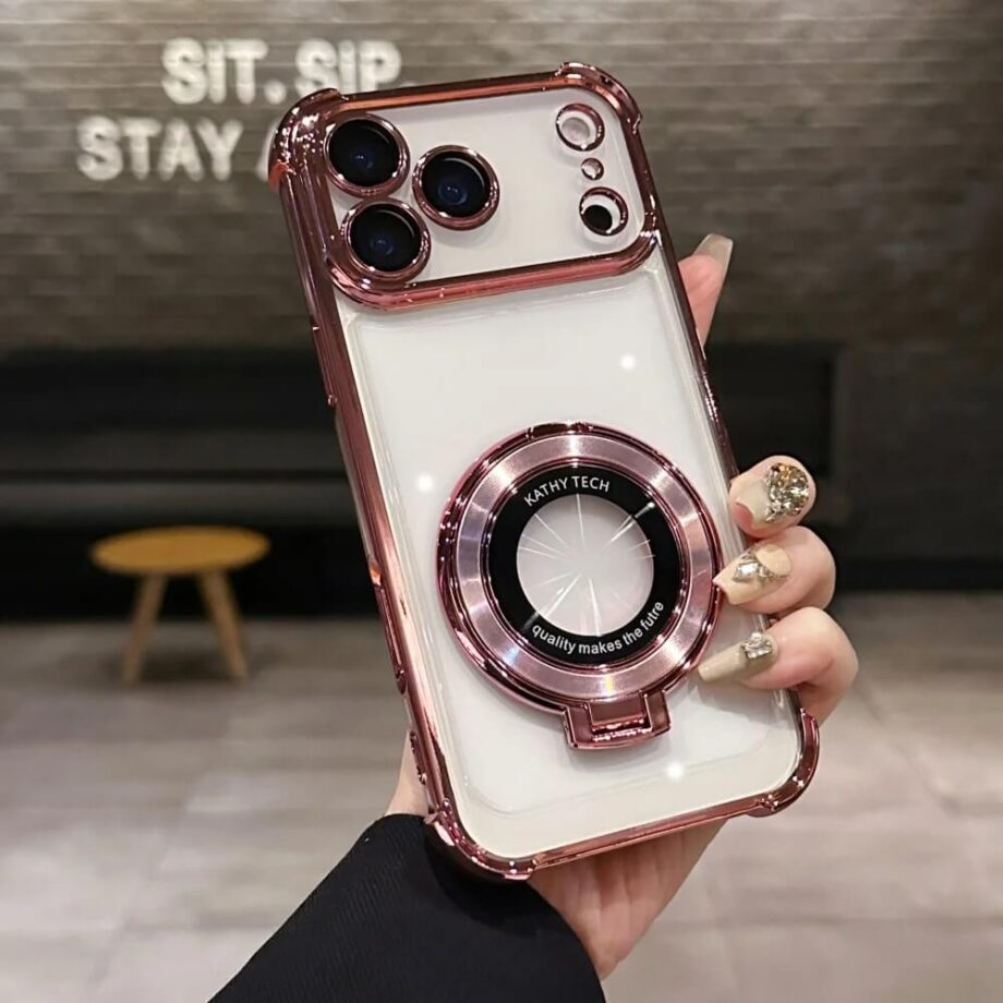 Pink Magnetic Kickstand Case with Ring Grip and Glossy Camera Guard