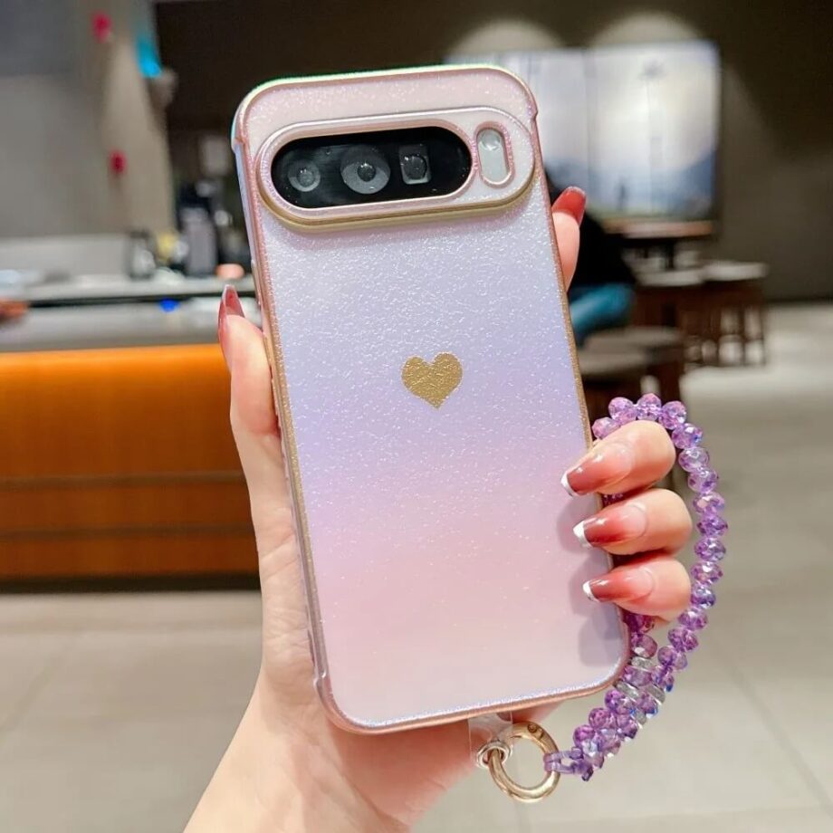 Purple Glitter Gradient Heart Case with Beaded Wrist Strap