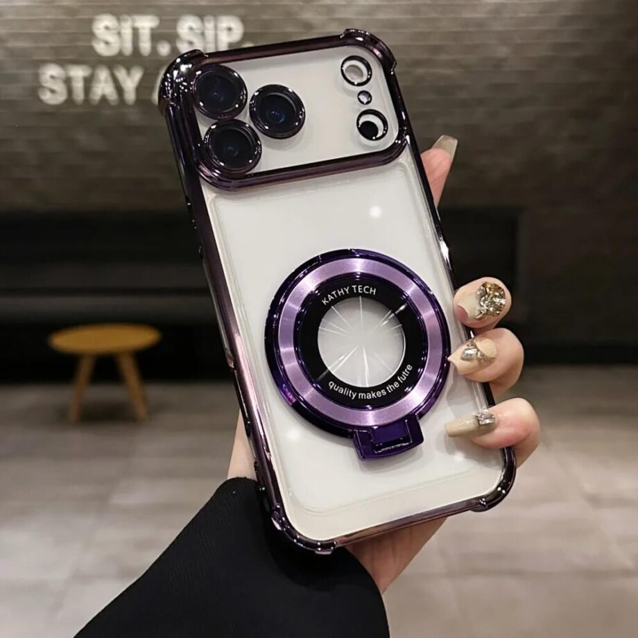 Purple Magnetic Kickstand Case with Ring Grip and Glossy Camera Guard