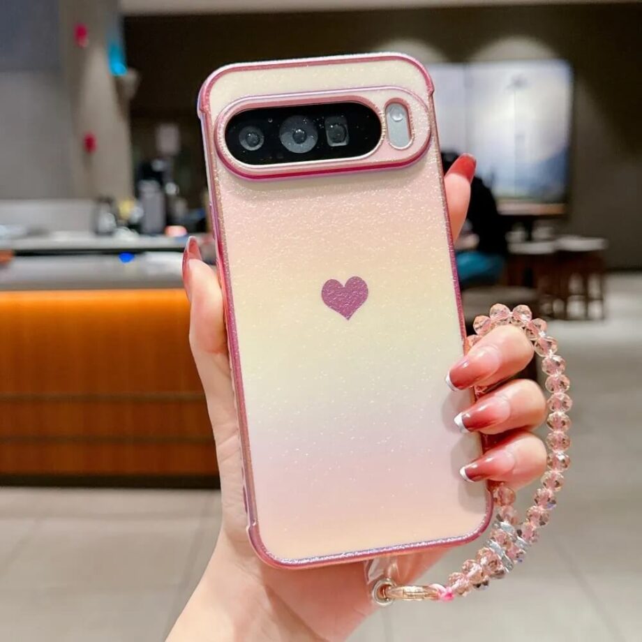 Rose Glitter Gradient Heart Phone Case with Beaded Wrist Strap