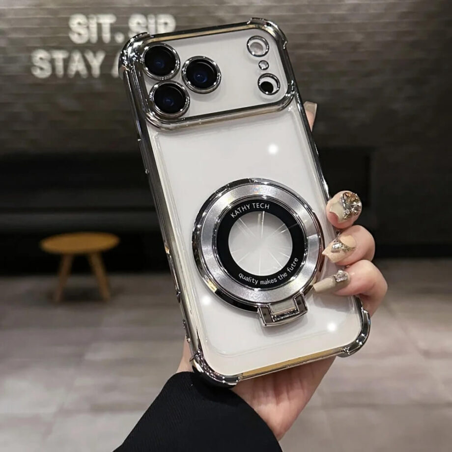 Silver Magnetic Kickstand Case Ring Grip Glossy Camera Guard