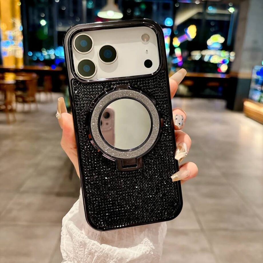 Black Bling Glitter Mirror Case with Ring Stand