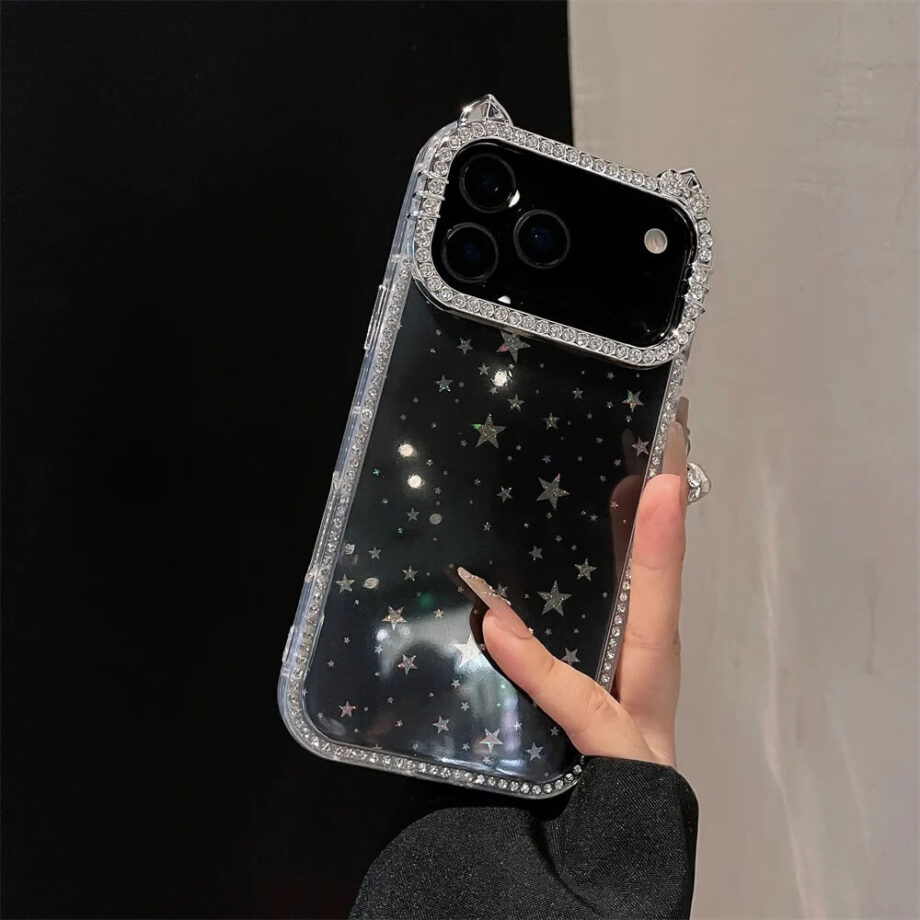 Black Starry Glitter Cat Ears Case with Rhinestones for iPhone 17 Series