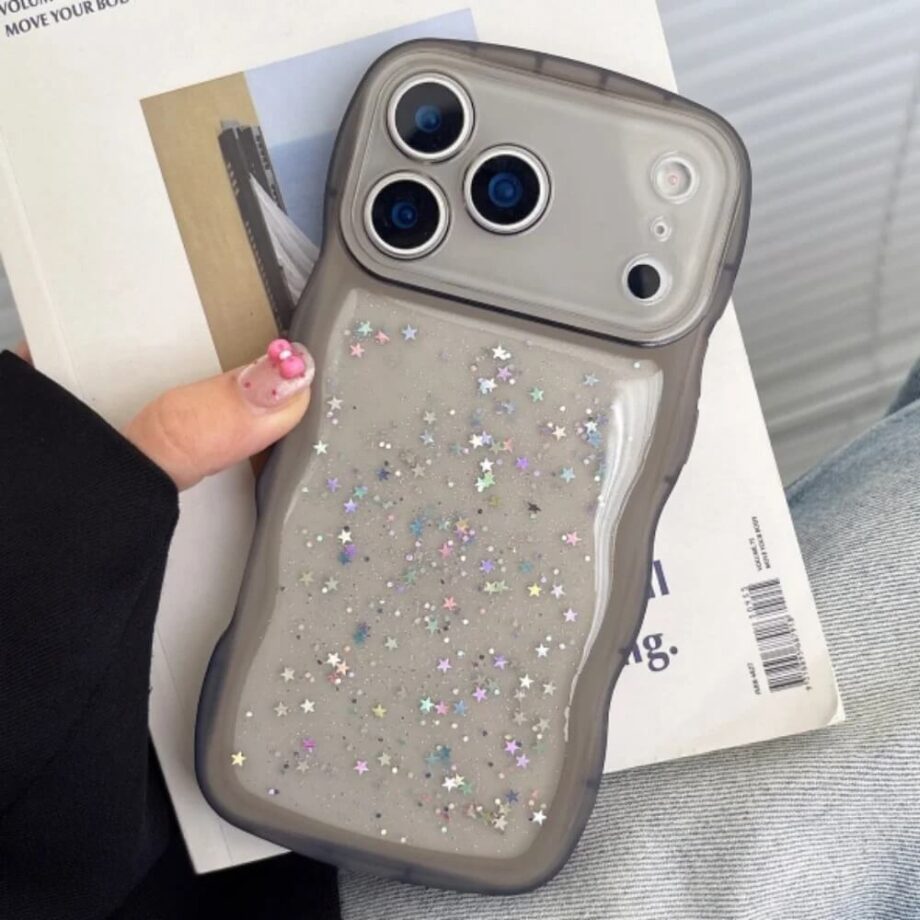 Black Wavy Transparent Sparkle Case with Liquid Star Sequins