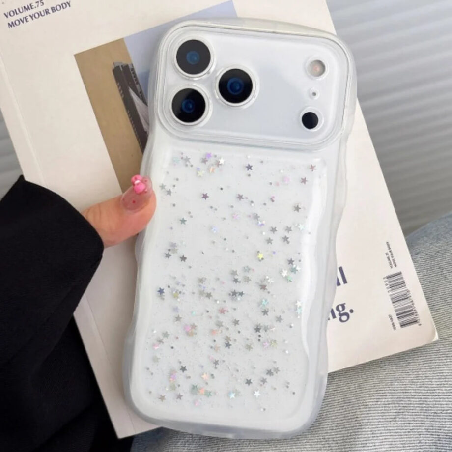 Clear Wavy Transparent Sparkle iPhone Case with Liquid Star Sequins
