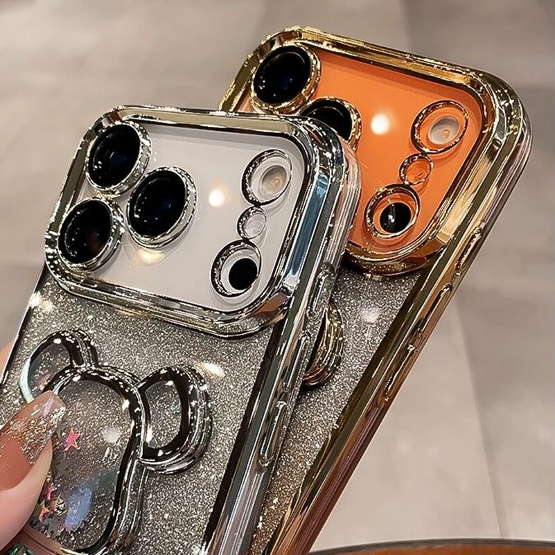 Glitter Quicksand Bear Charm Phone Case with Camera Lens Protector (2)