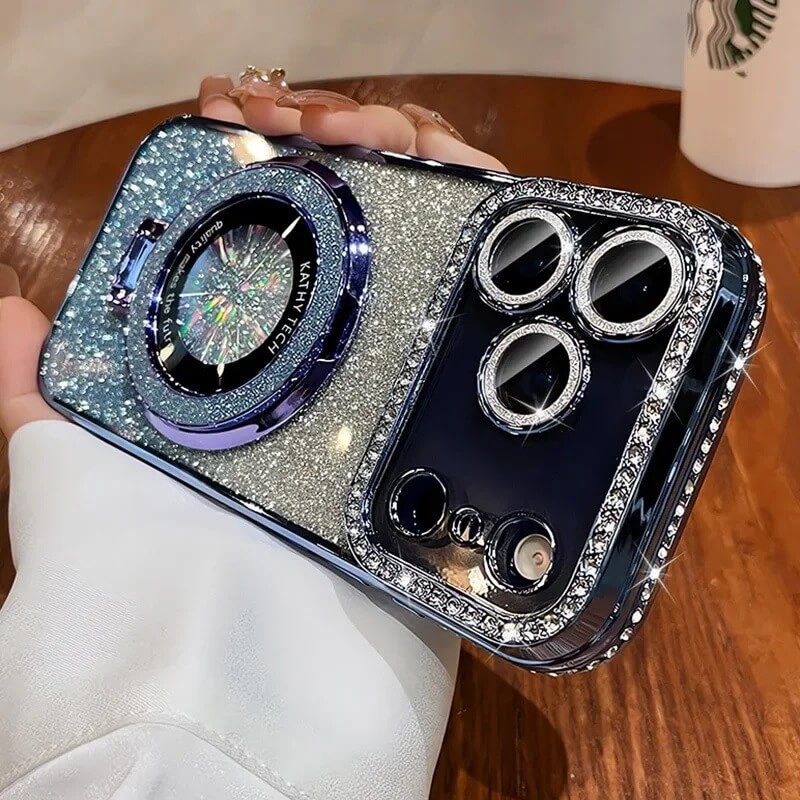 Glitter Sparkle Magnetic iPhone Case with Diamond Lens Protection- Blue Glitter Sparkle Magnetic iPhone Case with Diamond Lens Protection- Blue