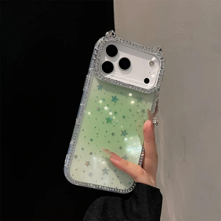 Green Starry Glitter Cat Ears Case with Rhinestones