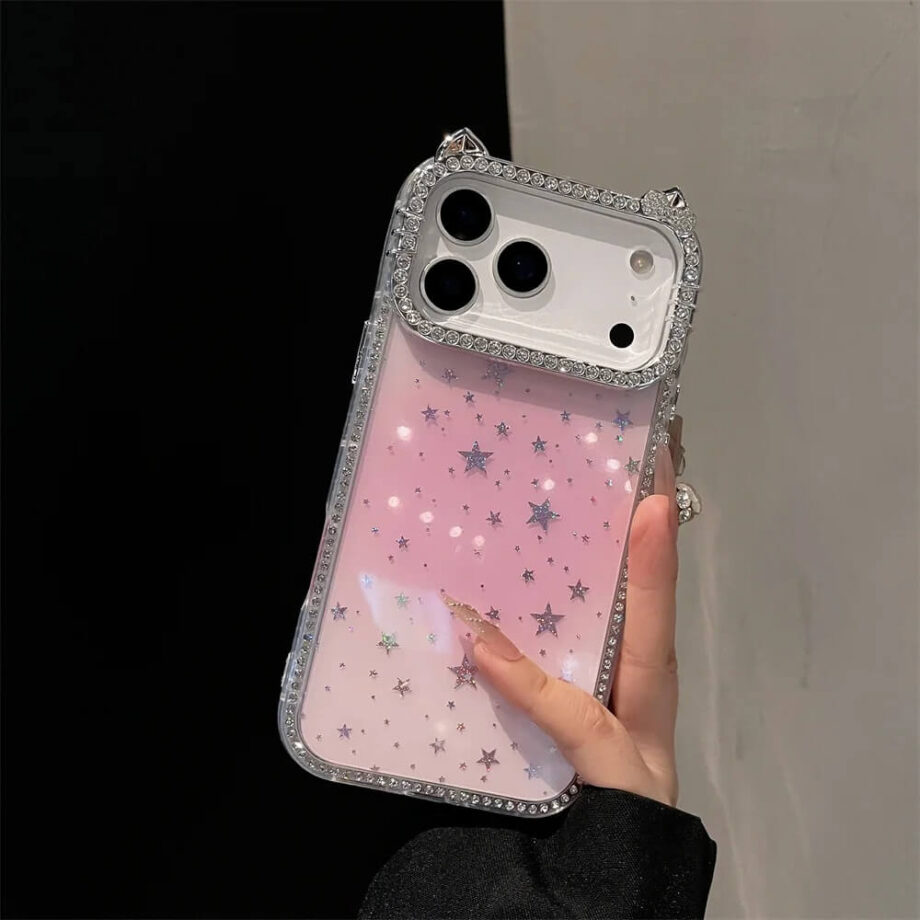 Pink Starry Glitter Cat Ears Case with Rhinestones