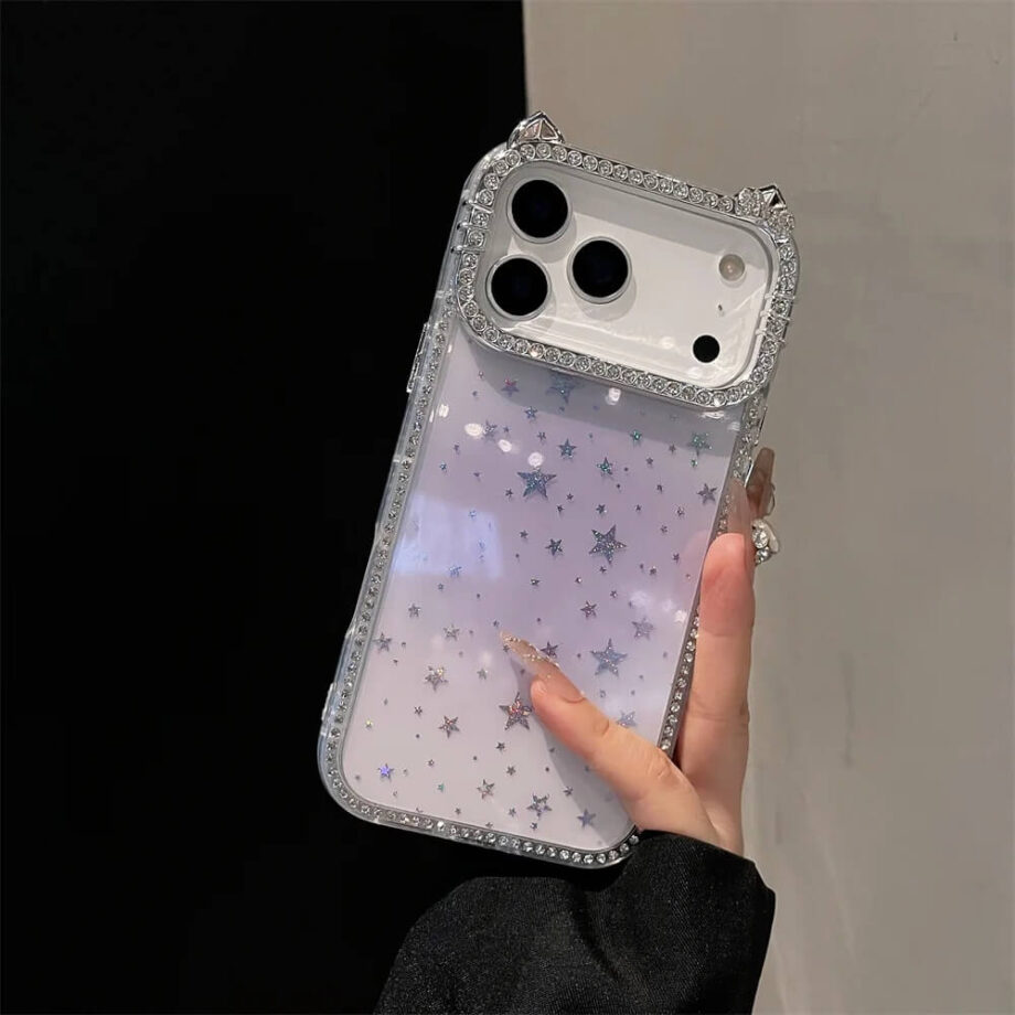 Purple Starry Glitter Cat Ears Phone Case with Rhinestones