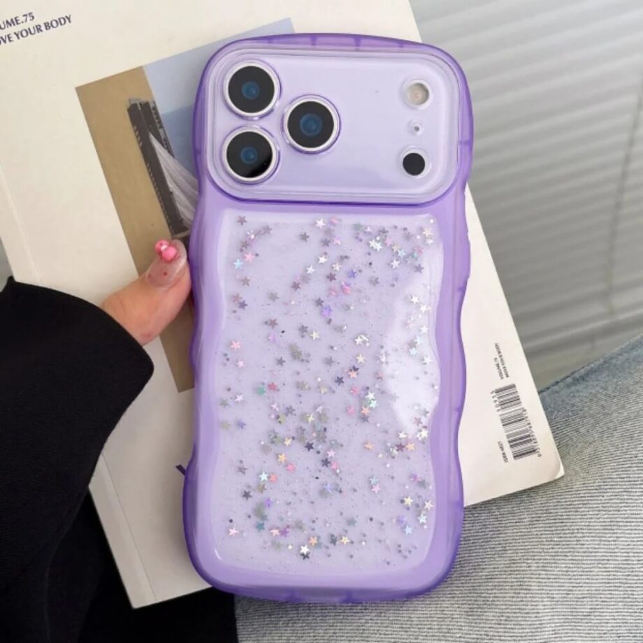 Purple Wavy Transparent Sparkle Case with Liquid Star Sequins for iPhone 17 Series