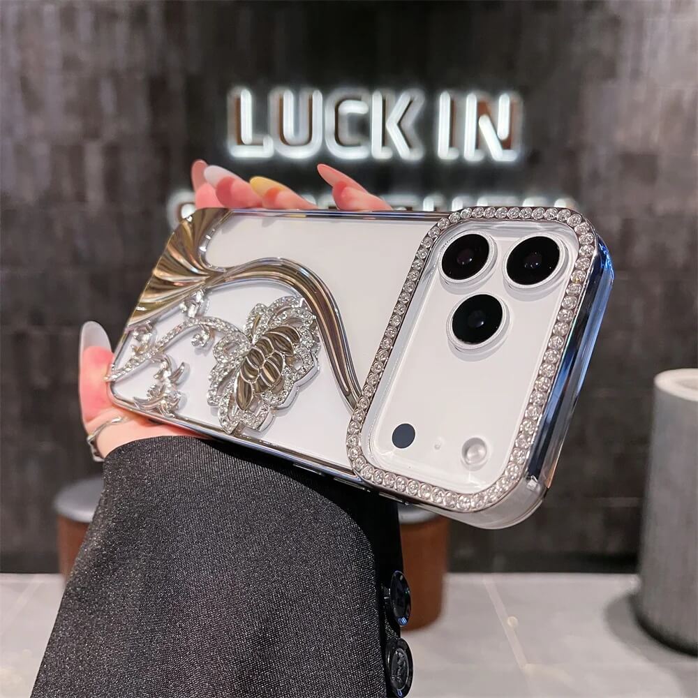 Silver 3D Floral Diamond Frame Case for iPhone 17 Series Silver 3D Floral Diamond Frame Case for iPhone 17 Series