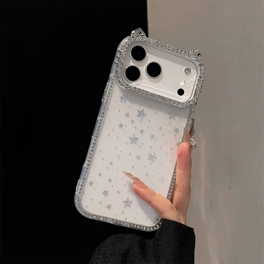 Transparent Starry Glitter Cat Ears Case with Rhinestones for iPhone