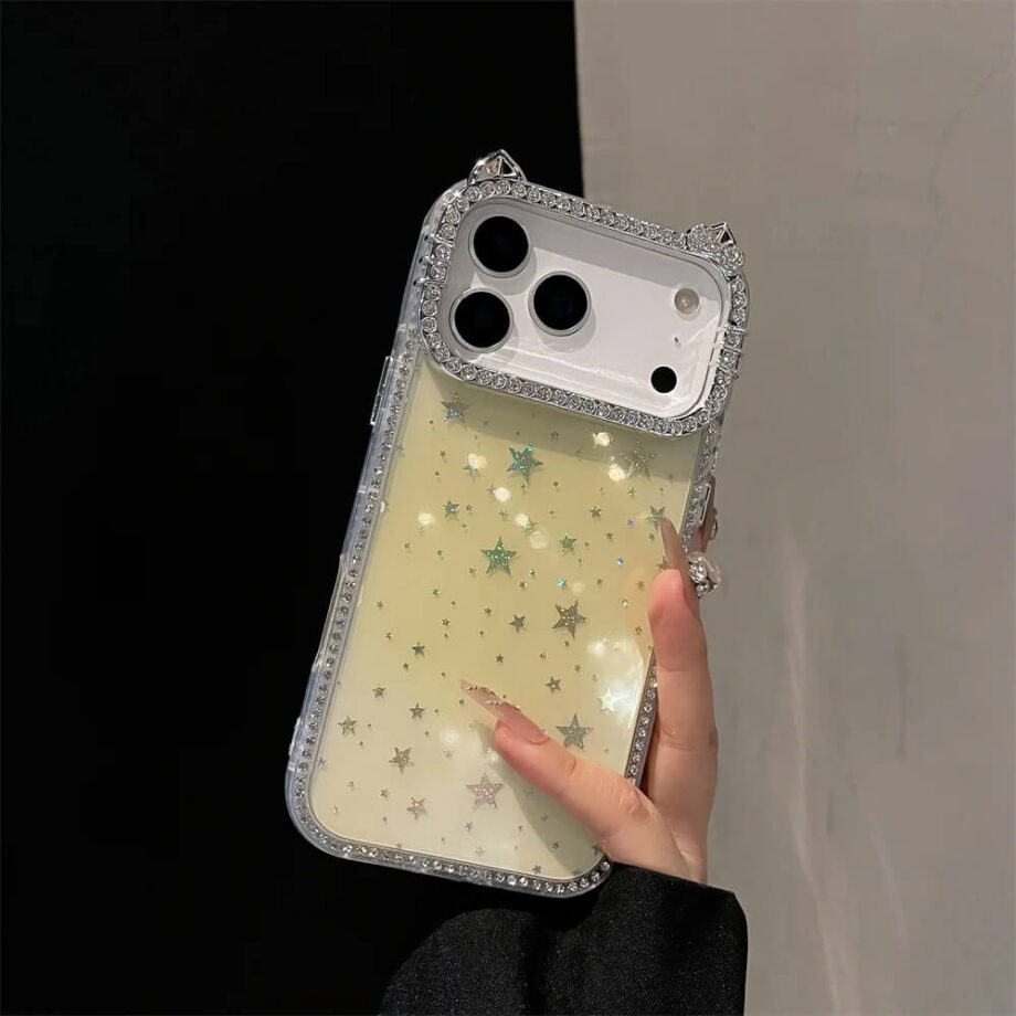 Yellow Starry Glitter Cat Ears iPhone Case with Rhinestones