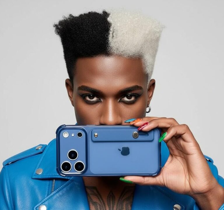 Blue iPhone 17 Pro Max case with strap held in bold studio portrait