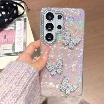 3D Butterfly Heart Pearl Shell Case with Rhinestone Camera Frame