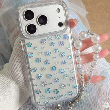 Glitter Flower Clear iPhone Case with Pearl Beaded Strap