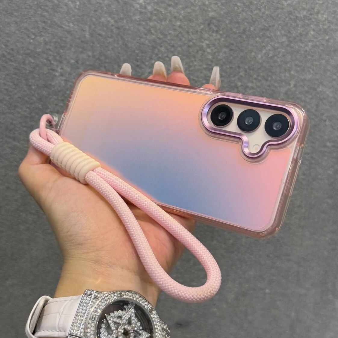 Pink Laser Reflective Clear Frame Phone Case with Wrist Strap Pink Laser Reflective Clear Frame Phone Case with Wrist Strap
