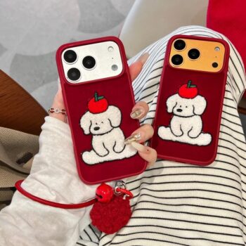 Poodle Embroidery iPhone Case with Wrist Strap and Pom Charm