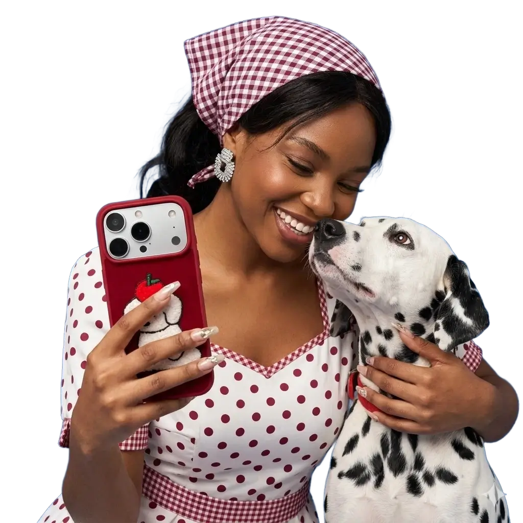 iPhone red phone case with dog design shown in lifestyle scene with Dalmatian
