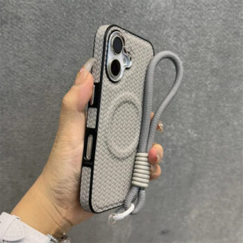 Gray Woven Texture Wireless Charging iPhone Case with Wrist Strap