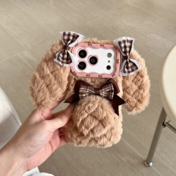 Plush Bunny Ear iPhone Case With Gingham Bow and Flip Camera Frame