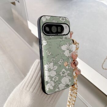 Sage Green Floral Wallet Case with Mirror and Crossbody Chain