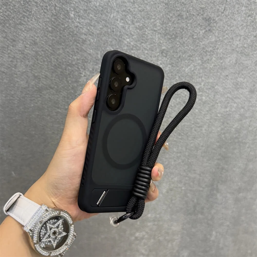Black Matte Translucent Magnetic Case with Fold Out Stand and Wrist Strap Black Matte Translucent Magnetic Case with Fold Out Stand and Wrist Strap