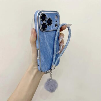 Blue Denim Texture Wrist Strap iPhone Case with Pom Pom Charm