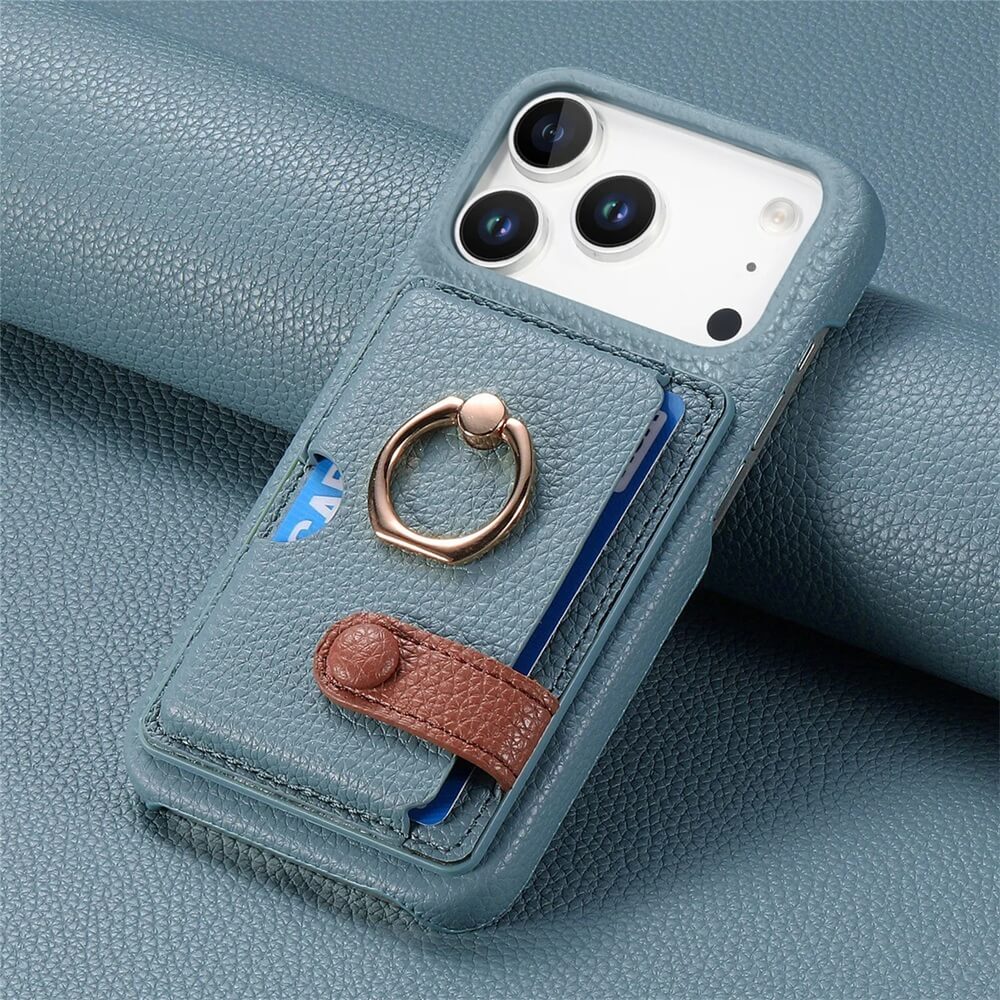 Blue Pebbled Leather Wallet Ring Holder iPhone Case Blue Pebbled Leather Wallet Ring Holder iPhone Case