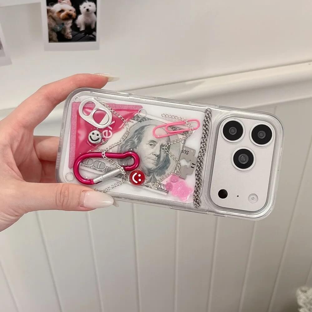 Clear 3D Dollar Chain Charm Phone Case with Clip Hook Clear 3D Dollar Chain Charm Phone Case with Clip Hook