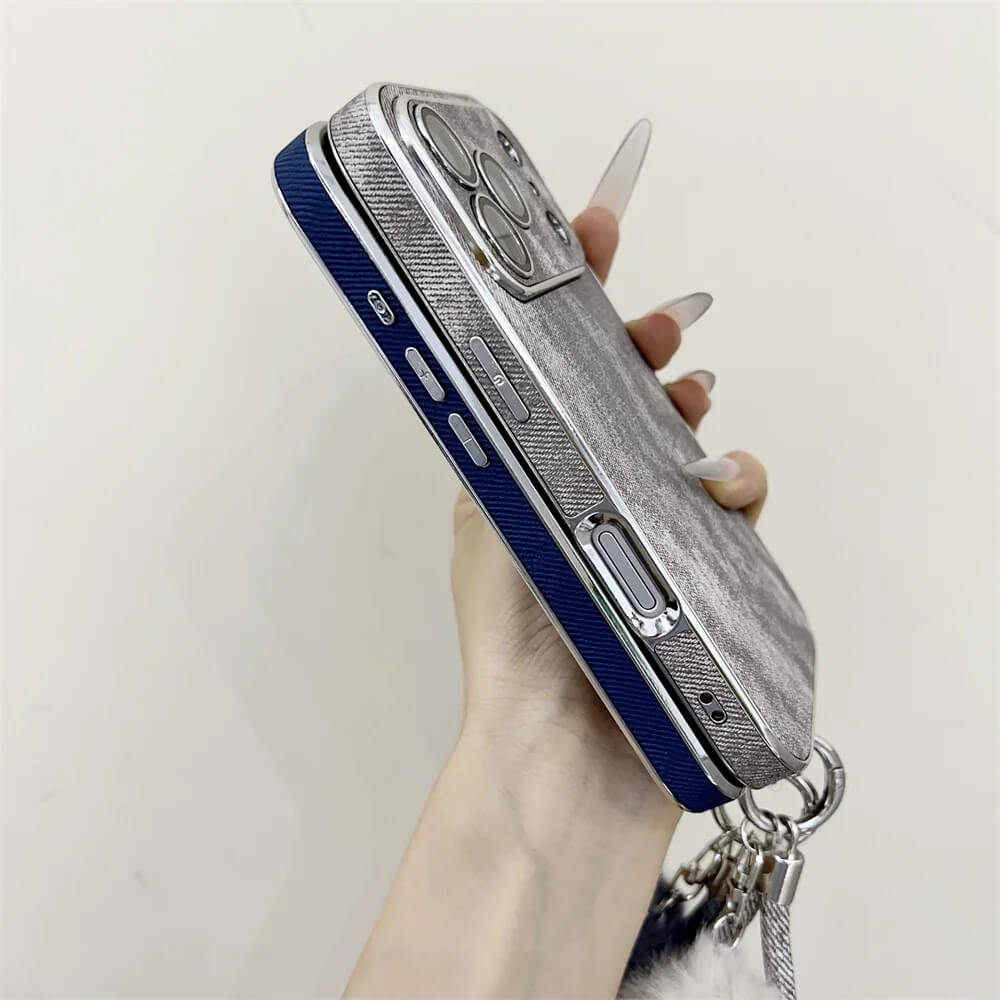 Denim Texture Wrist Strap iPhone Case Pom Pom Charm Denim Texture Wrist Strap iPhone Case Pom Pom Charm