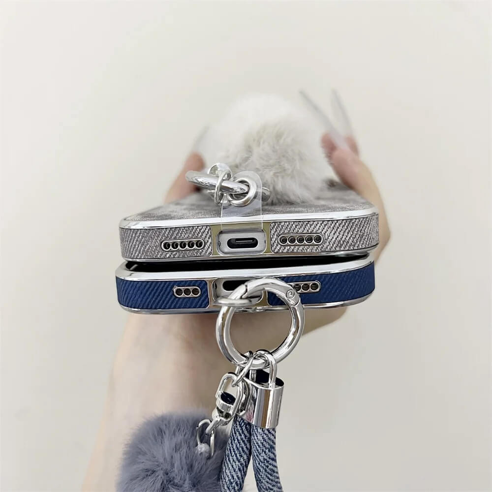 Jeans Texture Wrist Strap Case with Pom Pom Charm Jeans Texture Wrist Strap Case with Pom Pom Charm