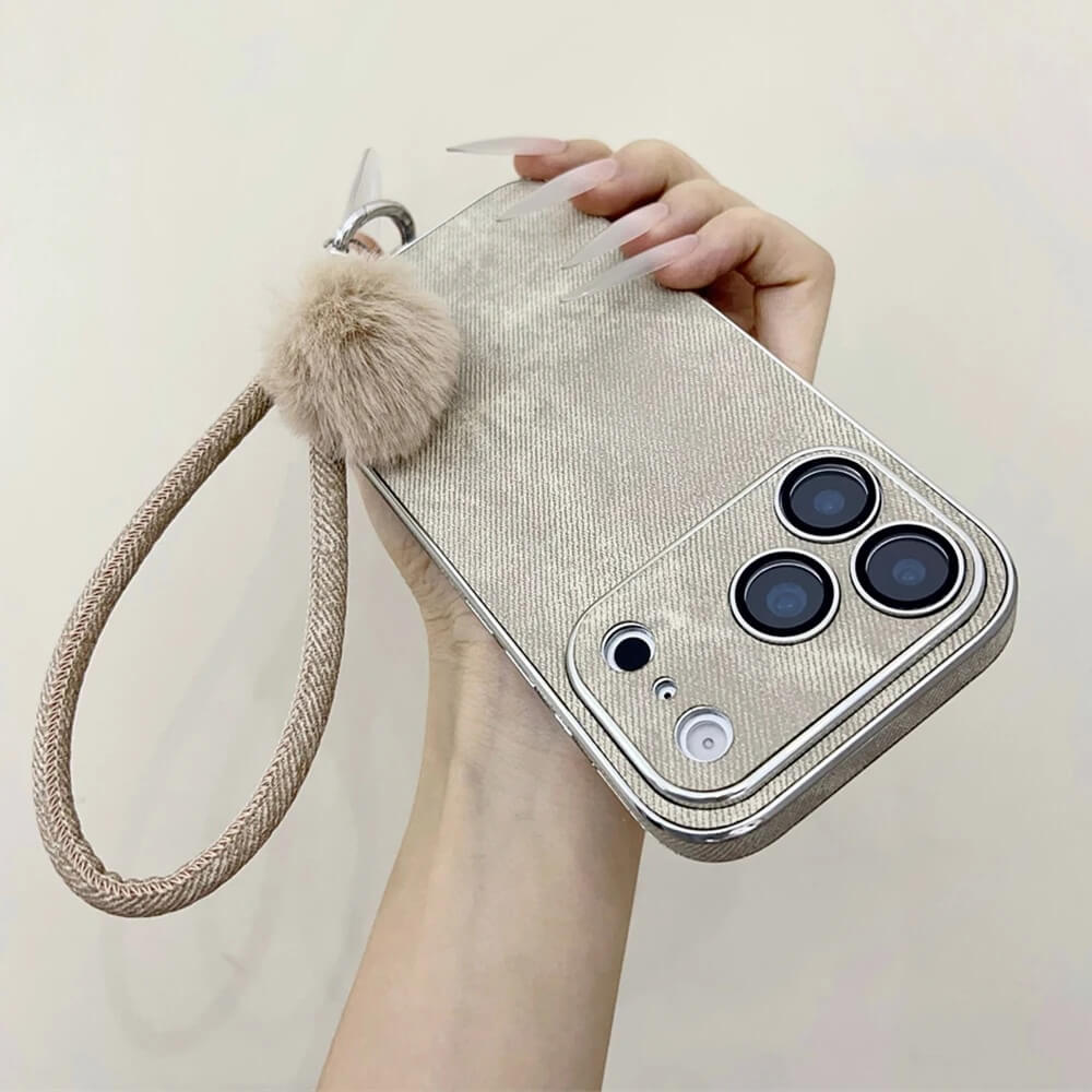 Jeans Texture Wrist Strap iPhone Case with Pom Pom Charm Jeans Texture Wrist Strap iPhone Case with Pom Pom Charm