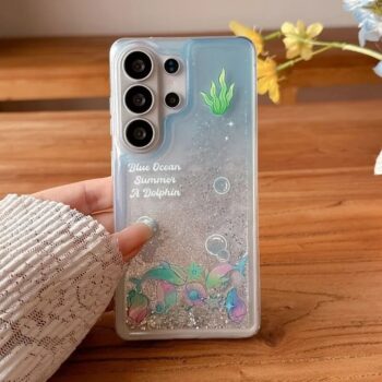 Ocean Dolphin Quicksand Glitter Samsung Case with Shells and Glow Effect