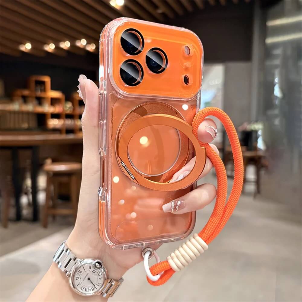 Orange Crystal Clear Magnetic Ring Stand iPhone Case with Wrist Strap Orange Crystal Clear Magnetic Ring Stand iPhone Case with Wrist Strap