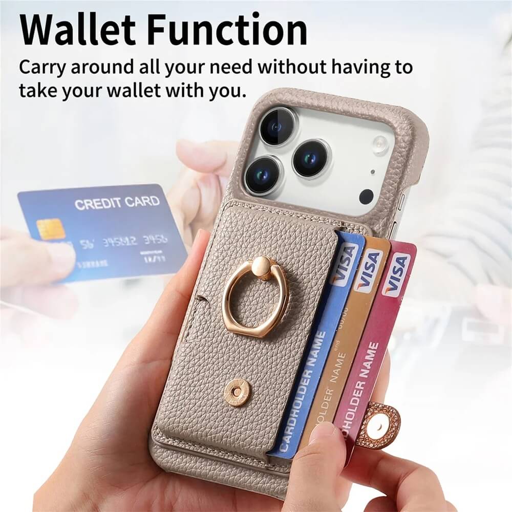 Pebbled Leather Ring Holder Phone Case with Snap Flap Card Wallet Pebbled Leather Ring Holder Phone Case with Snap Flap Card Wallet