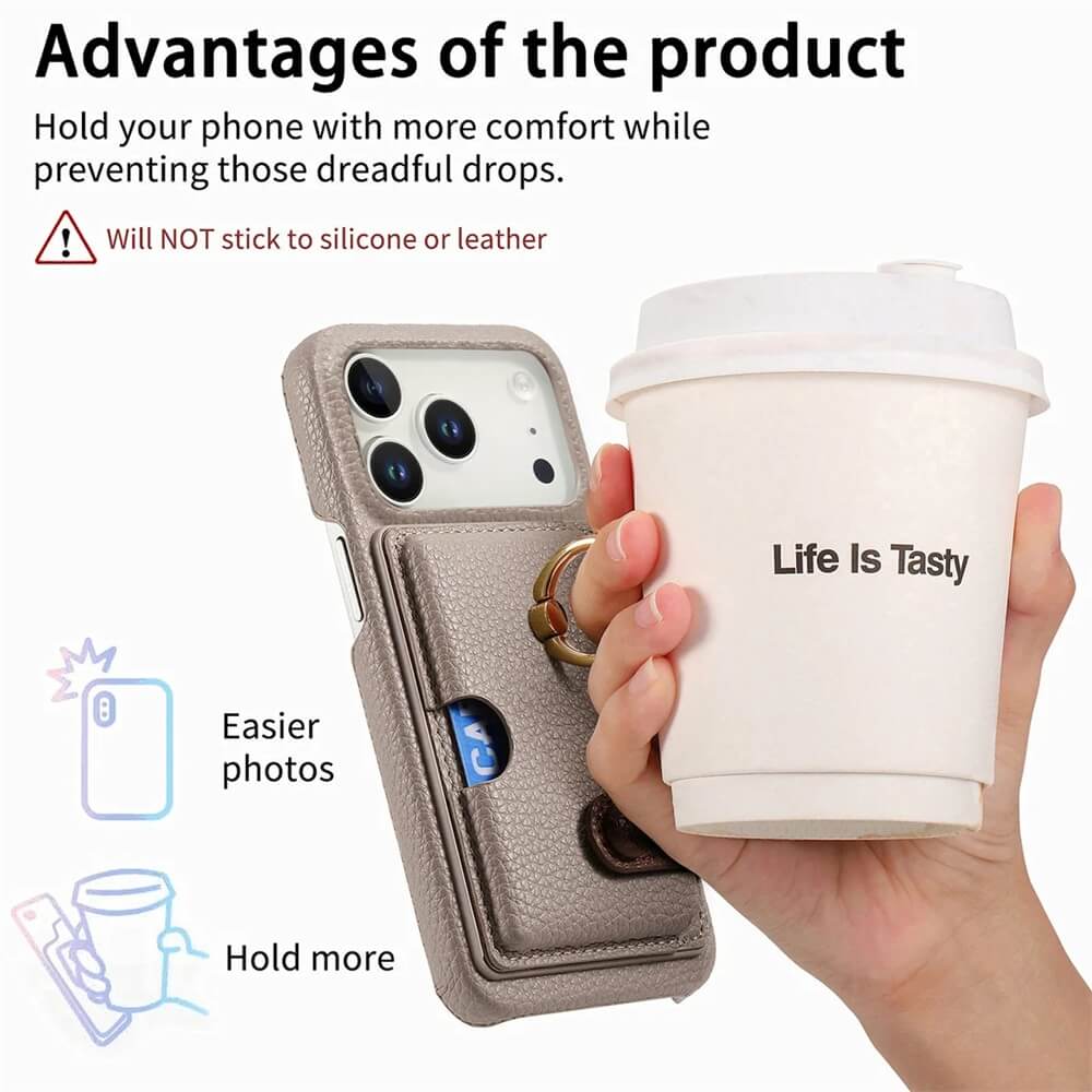 Pebbled Leather Ring Holder iPhone Case with Snap Flap Card Wallet Pebbled Leather Ring Holder iPhone Case with Snap Flap Card Wallet